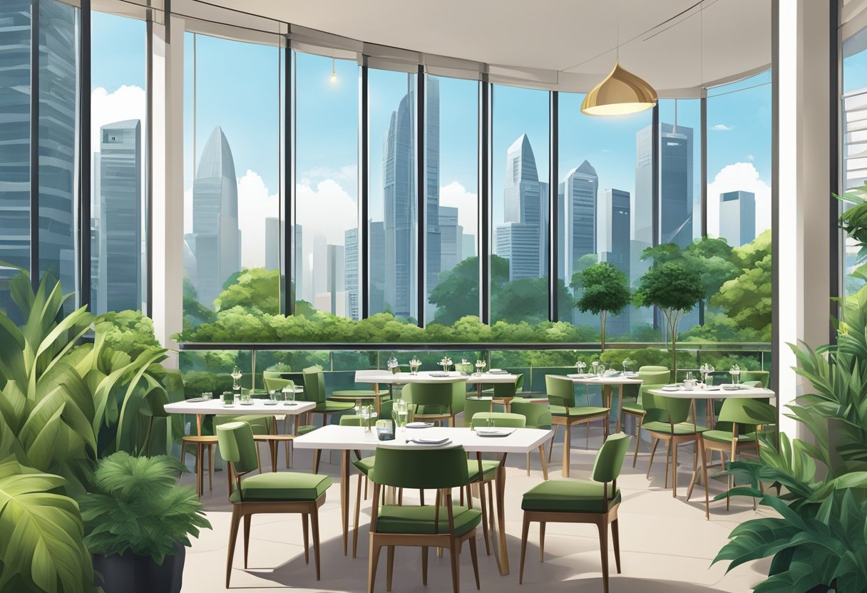 A panoramic view of Singapore's skyline from a chic rooftop restaurant, with elegant tables and chairs, surrounded by lush greenery and modern architecture