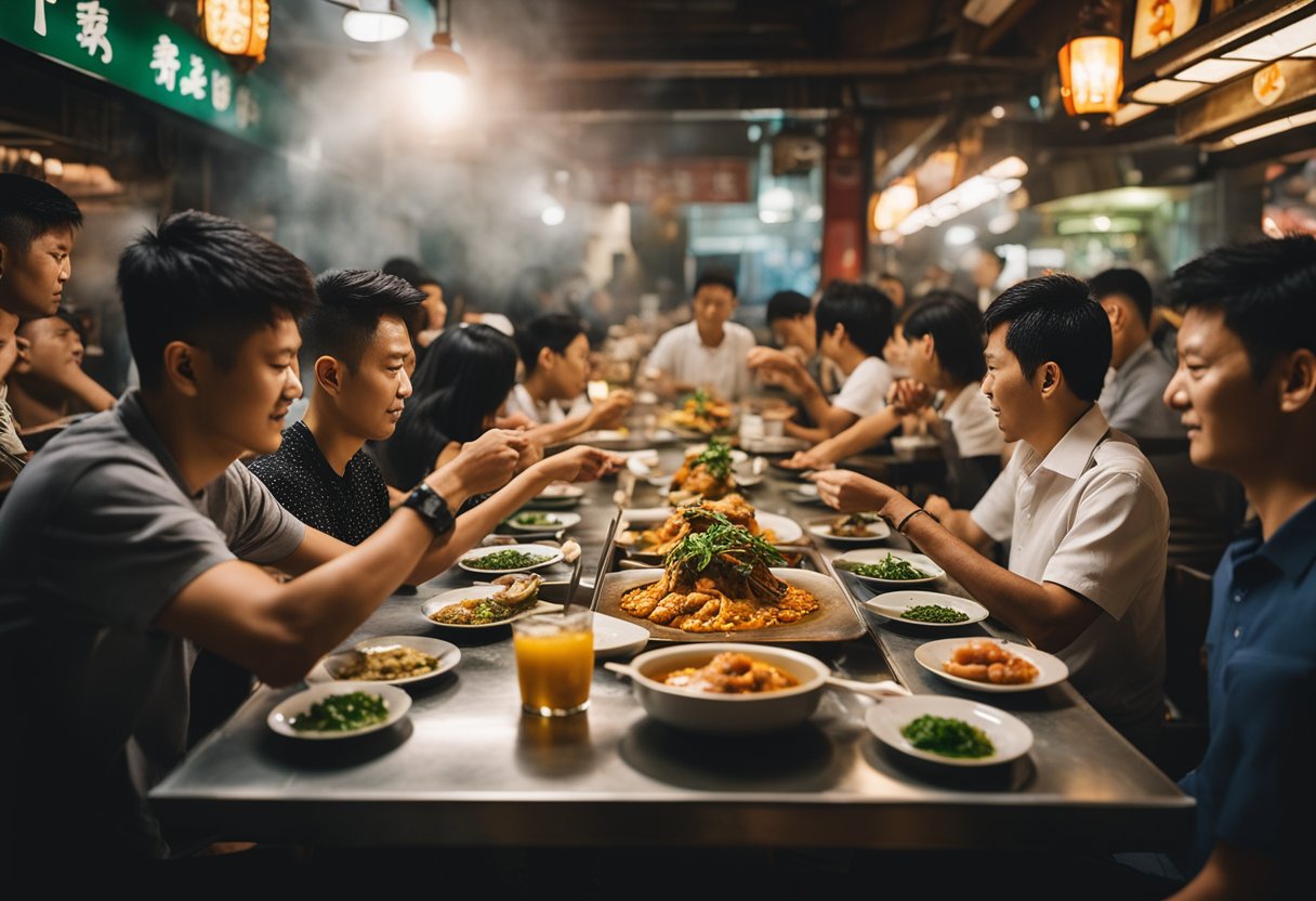 A table set with steaming curry fish head, surrounded by diners at Zai Shun