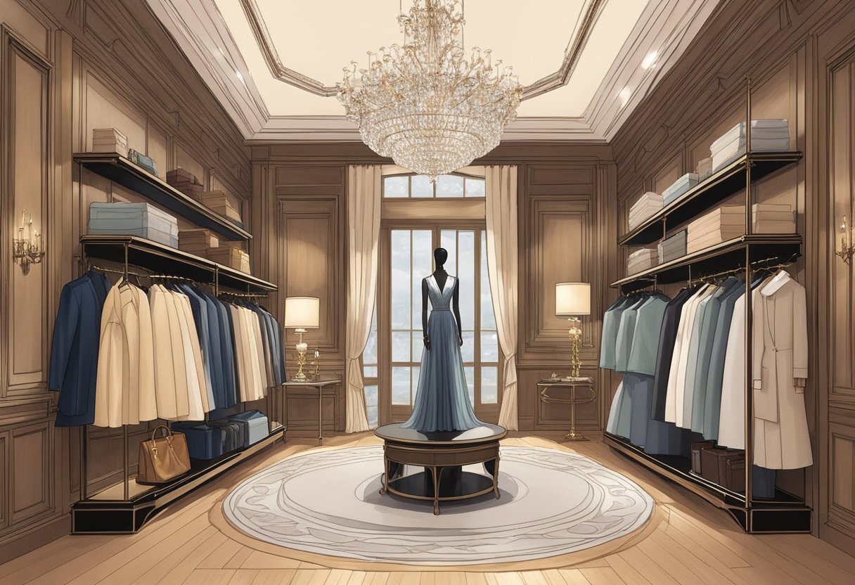 A well-dressed mannequin stands in a grand, wood-paneled room surrounded by racks of luxurious clothing and accessories. The soft glow of chandeliers illuminates the space, creating an atmosphere of elegance and sophistication