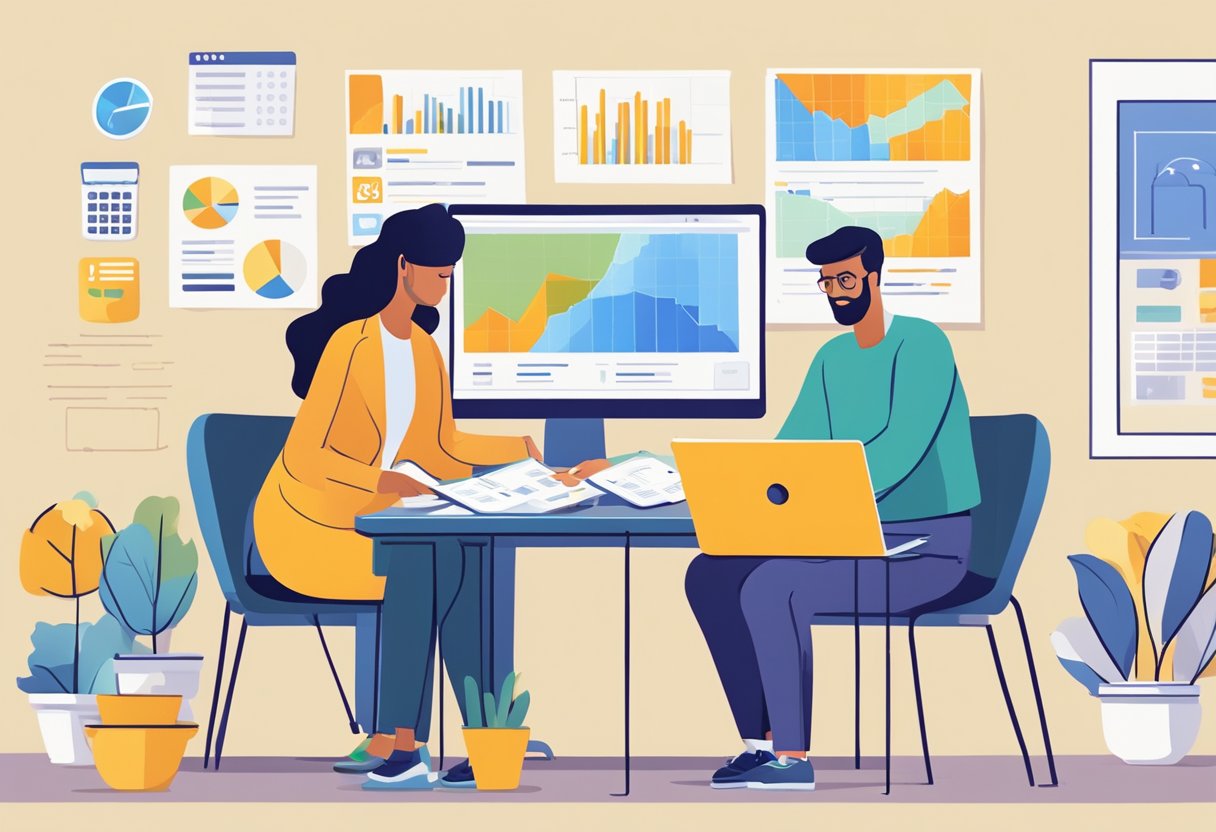 A couple sits at a table, calculating housing loan options on a laptop with a housing loan calculator and paperwork spread out in front of them