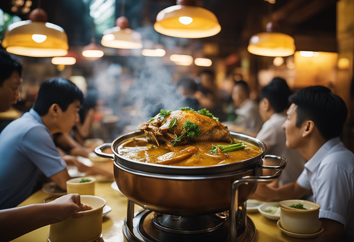 A steaming pot of curry fish head sits on a table, surrounded by eager diners at Zai Shun restaurant