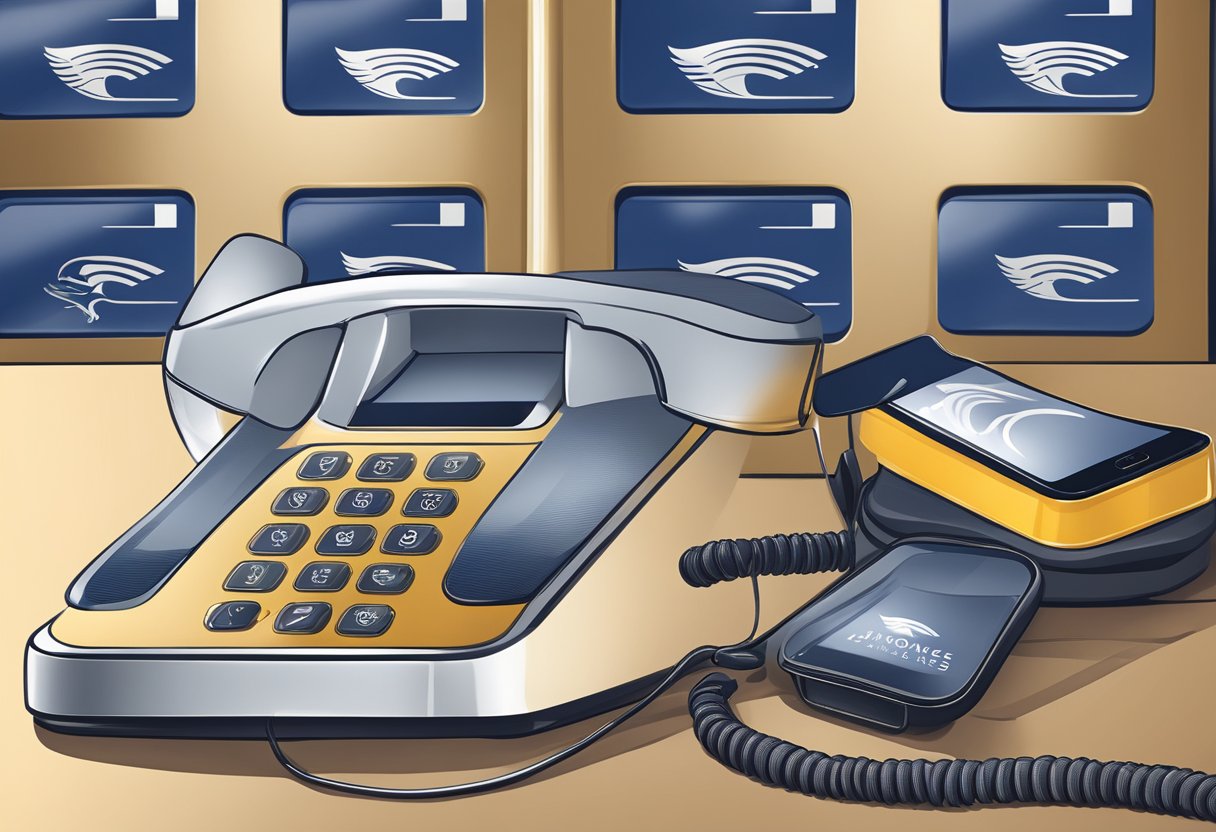 A phone ringing on a sleek desk, with the Singapore Airlines logo prominently displayed in the background