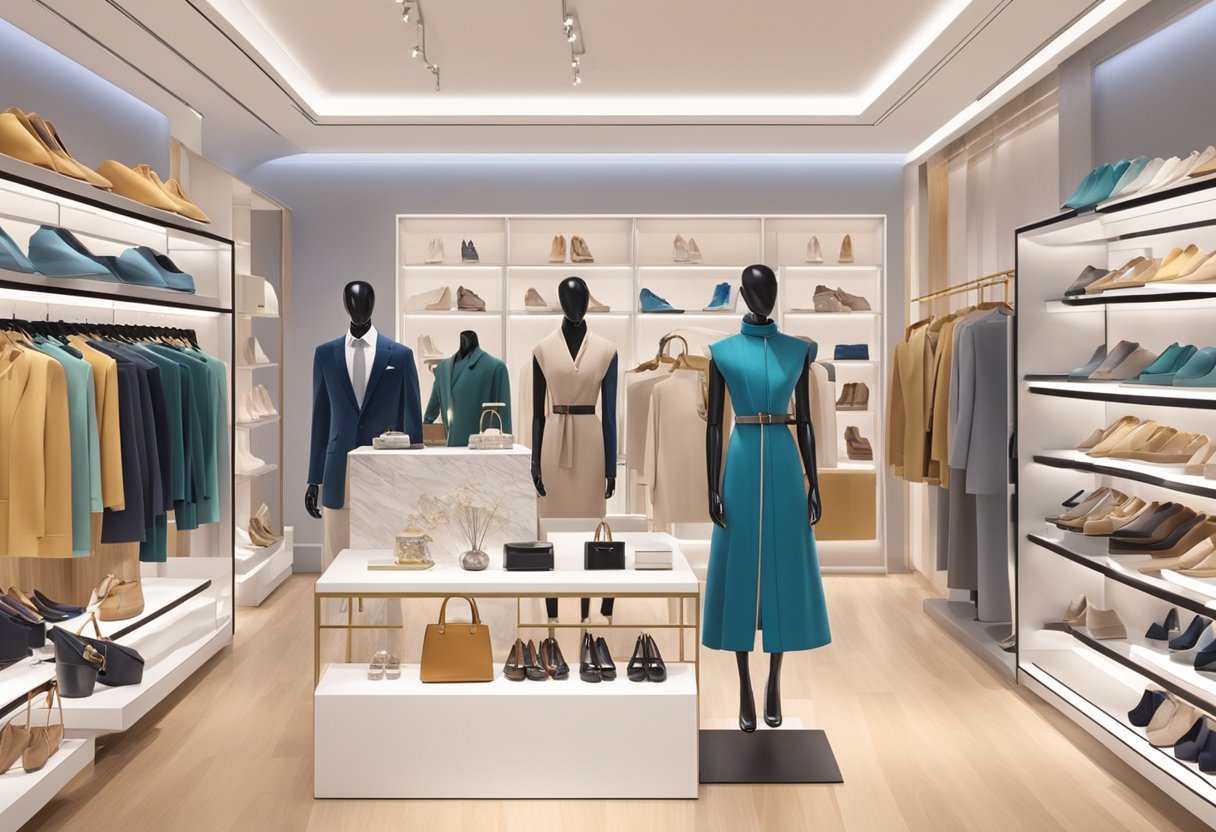 Customers browse luxury items in a sleek, modern store. Mannequins display the latest fashion trends, while elegant shelves showcase accessories. Bright lighting and stylish decor create a sophisticated atmosphere