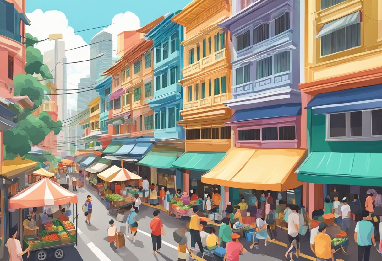 A bustling street in Singapore, with colorful shophouses, towering skyscrapers, and vibrant street vendors. The air is filled with the sounds of traffic and the aroma of local cuisine