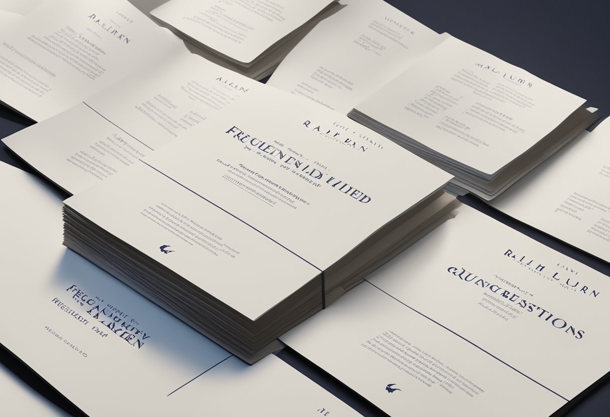 A table with a stack of pamphlets labeled "Frequently Asked Questions" for Ralph Lauren Singapore. A logo and contact information are visible on the pamphlets