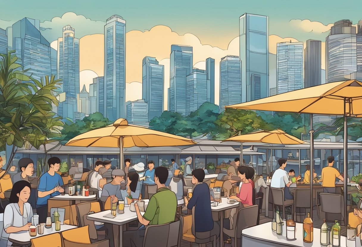 A bustling rooftop restaurant in Singapore with city skyline backdrop and diners enjoying food and drinks