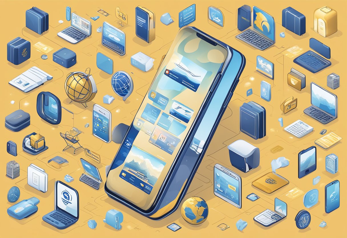 A phone with the Singapore Airlines logo on the screen, surrounded by icons representing additional services and partnership logos