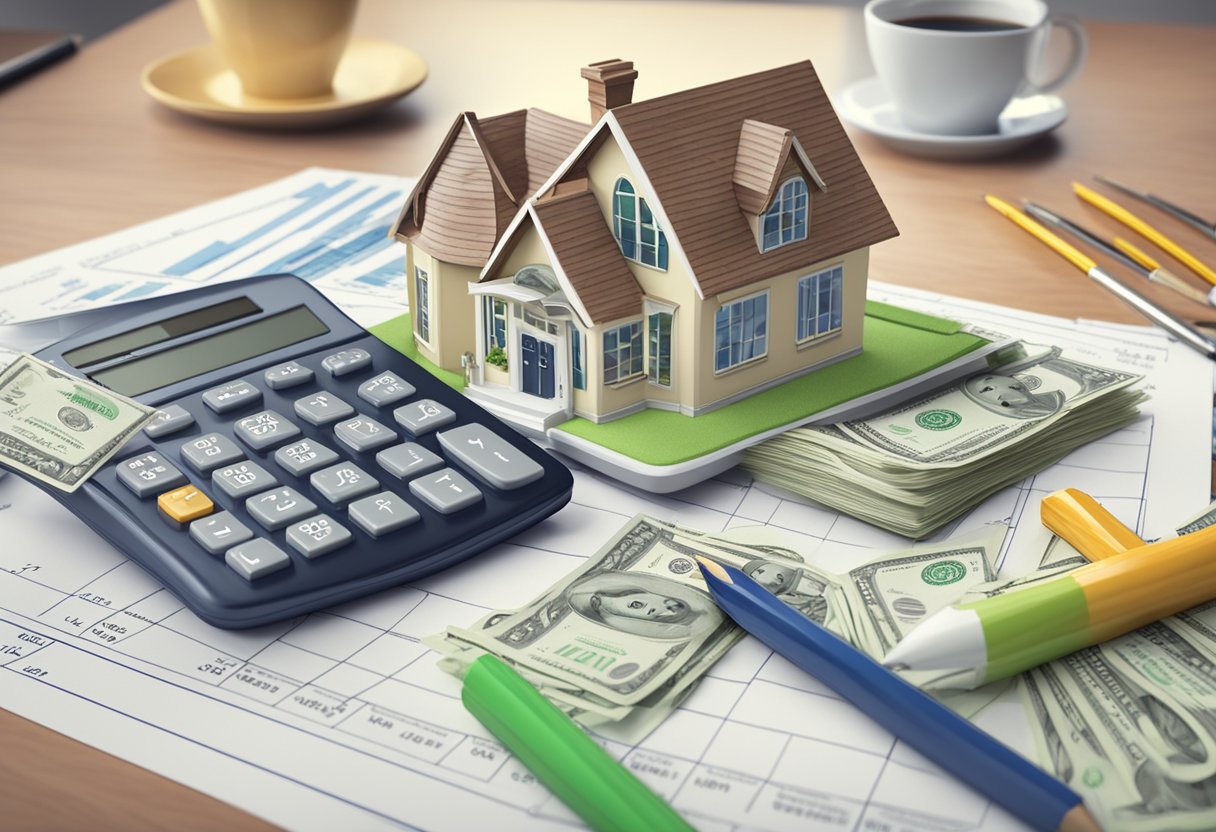 A calculator displaying mortgage repayment figures with a house and dollar signs in the background