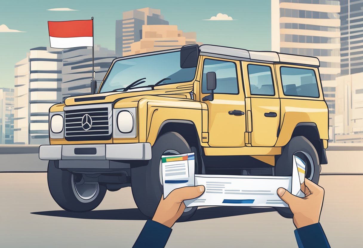 A car owner holding a COE renewal letter with a Singaporean flag in the background
