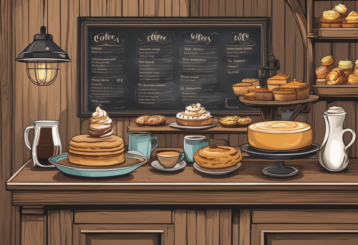 A steaming cup of coffee sits on a rustic wooden table, surrounded by freshly baked pastries and artisanal desserts. The menu board behind it showcases the specialty coffee offerings and highlights of the café