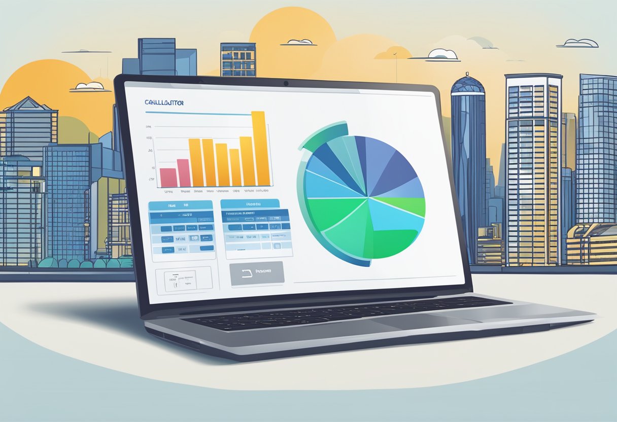 A laptop displaying a housing loan calculator with the Singapore skyline in the background