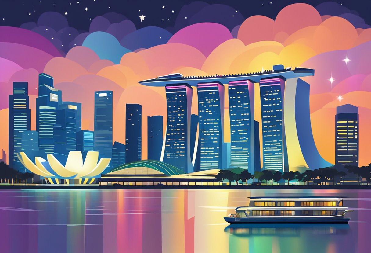 The Singapore skyline at night, with its iconic landmarks like the Marina Bay Sands and the Singapore Flyer, set against a backdrop of colorful city lights and reflections in the water