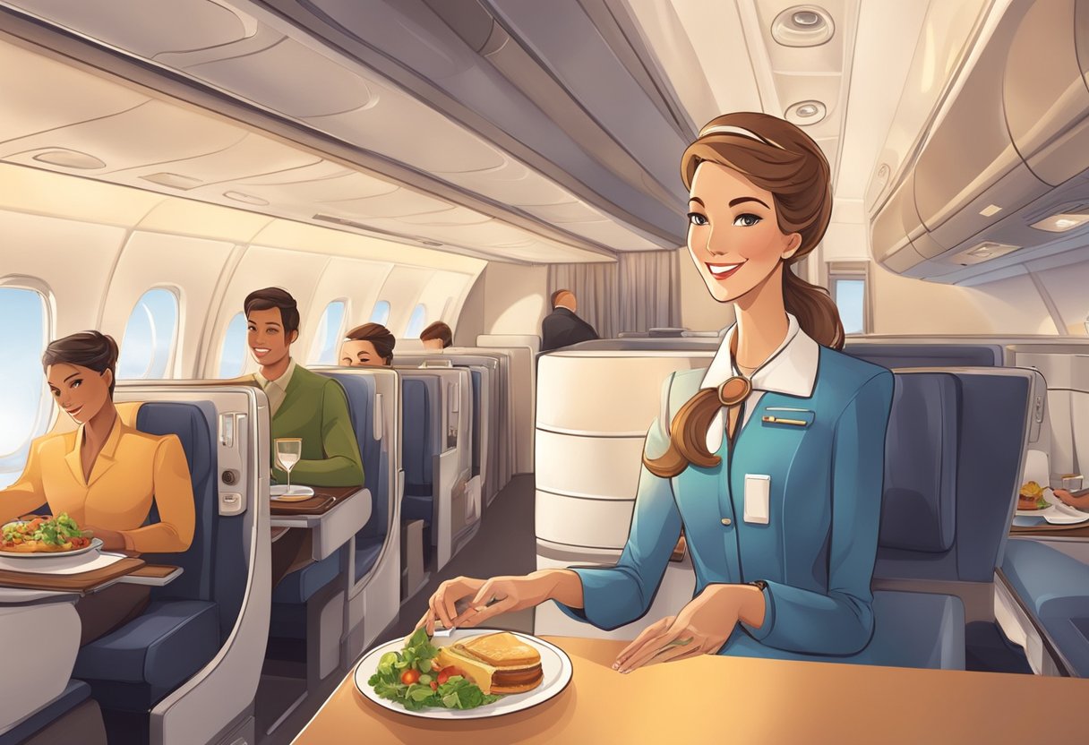A spacious cabin with comfortable seats, ample legroom, and stylish decor. A flight attendant serves a gourmet meal to a passenger