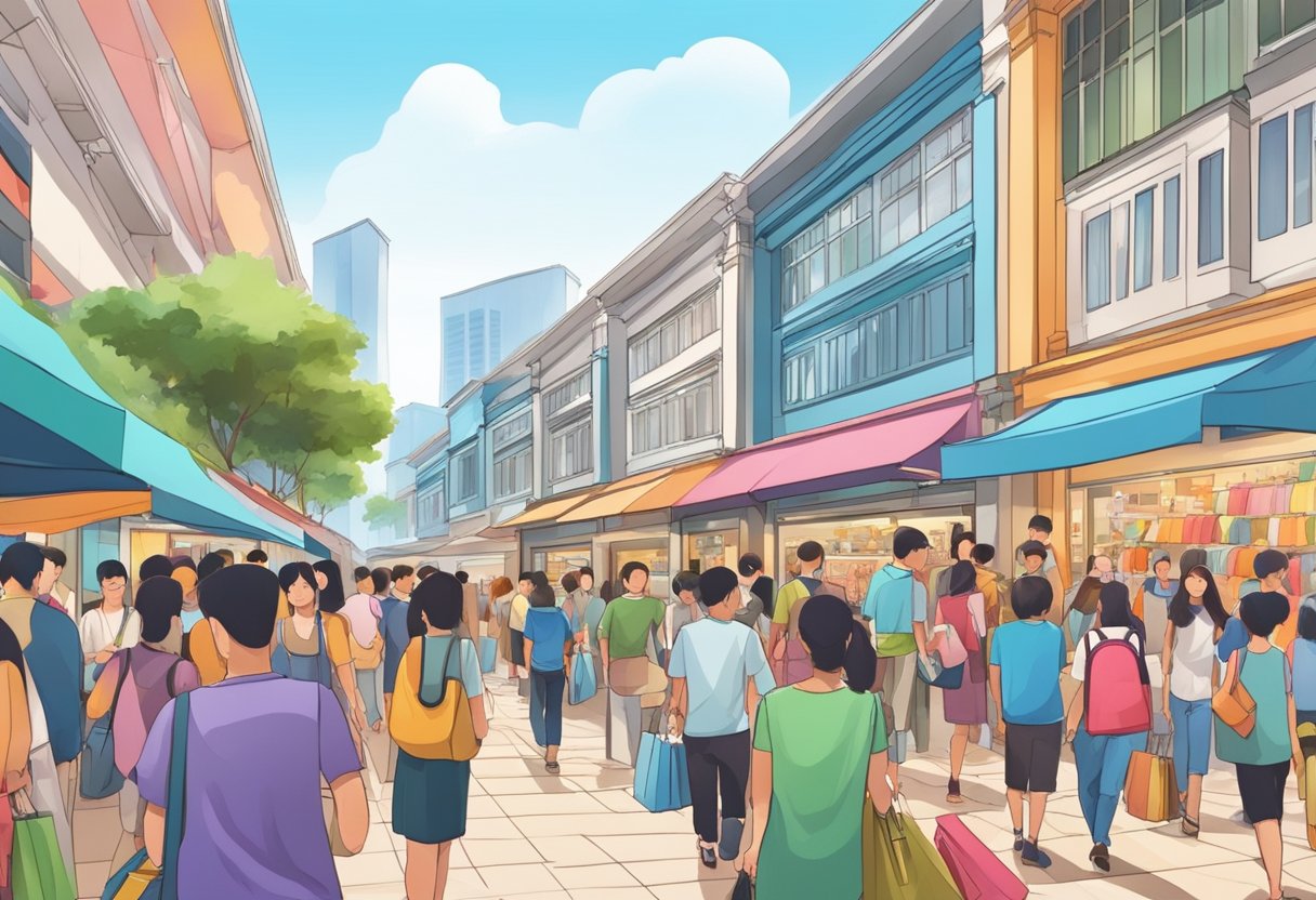 A bustling factory outlet in Singapore with colorful storefronts and crowds of shoppers browsing for discounted goods