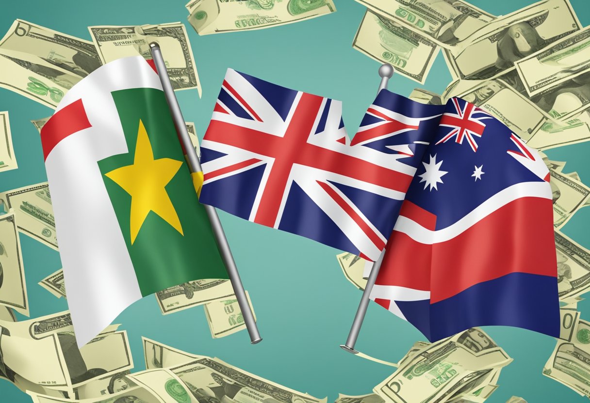 A graph showing the fluctuating exchange rates between Singaporean dollars and Australian dollars, with the Singaporean flag on one side and the Australian flag on the other