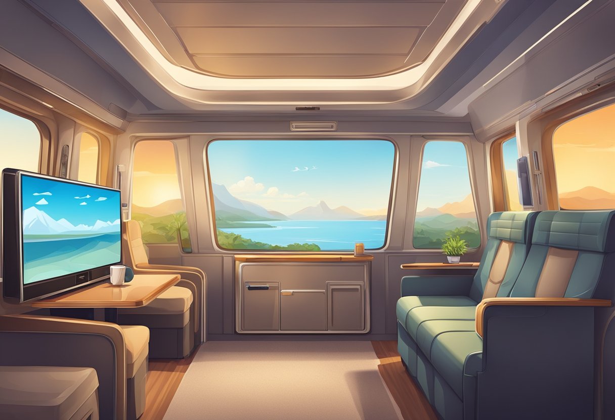 A spacious and comfortable seat with extra legroom, a large personal entertainment screen, and a table set with fine dining amenities
