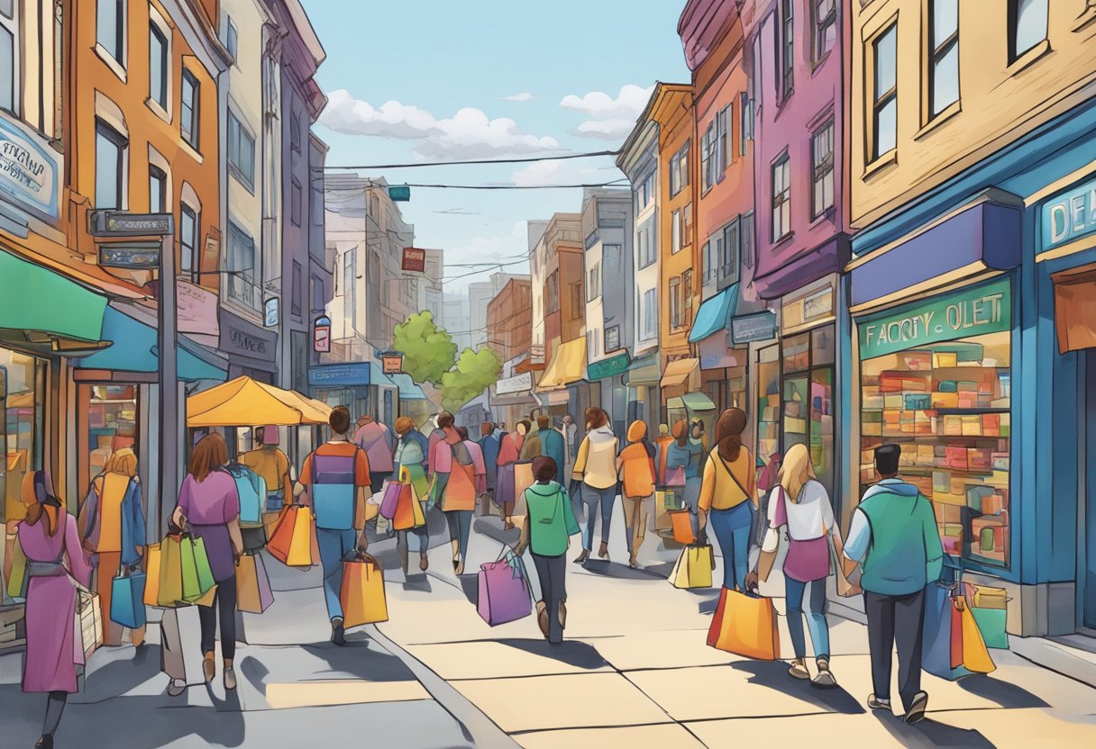 A bustling street lined with colorful storefronts, showcasing a variety of discounted merchandise. Shoppers carrying bags filled with bargains, while signs advertise "Factory Outlet" deals
