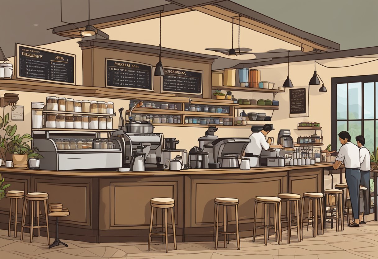 A bustling coffee shop in Singapore with a prominent "Frequently Asked Questions" sign above the counter and the aroma of freshly roasted coffee beans filling the air