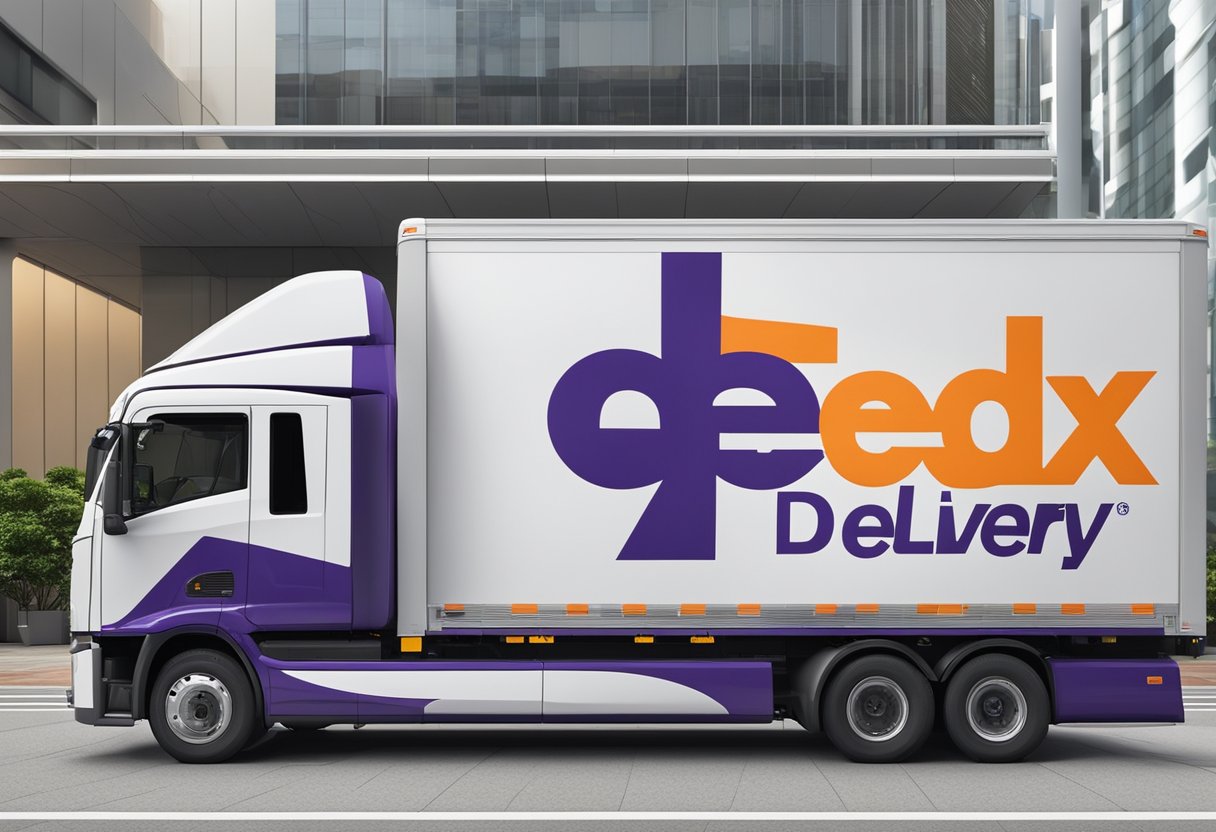 A FedEx delivery truck parked outside a modern office building in Singapore, with the company logo prominently displayed on the vehicle