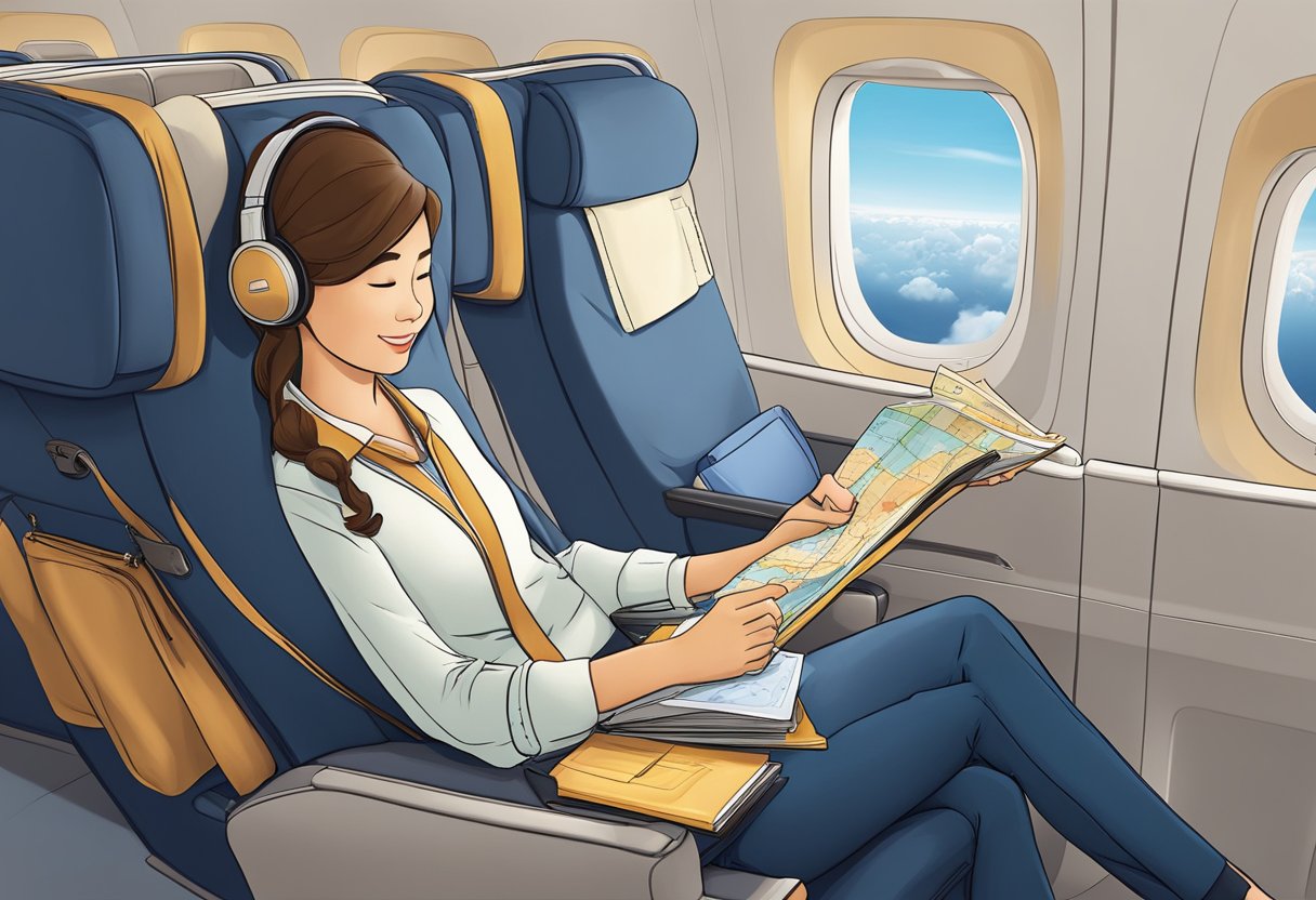 A traveler sits comfortably in Singapore Airlines premium economy, planning their journey with a map and travel guide