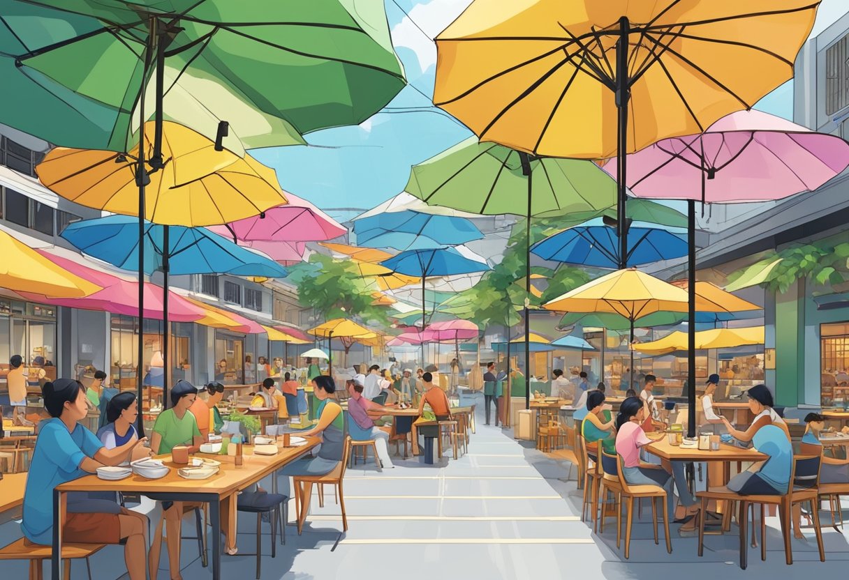 A bustling outdoor dining area with colorful umbrellas, surrounded by lively entertainment venues and vibrant storefronts at a factory outlet in Singapore