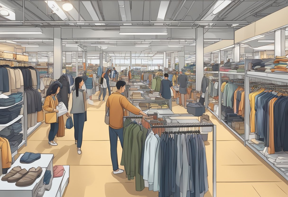 The bustling interior of a factory outlet in Singapore, with customers browsing through racks of clothing and shelves of merchandise
