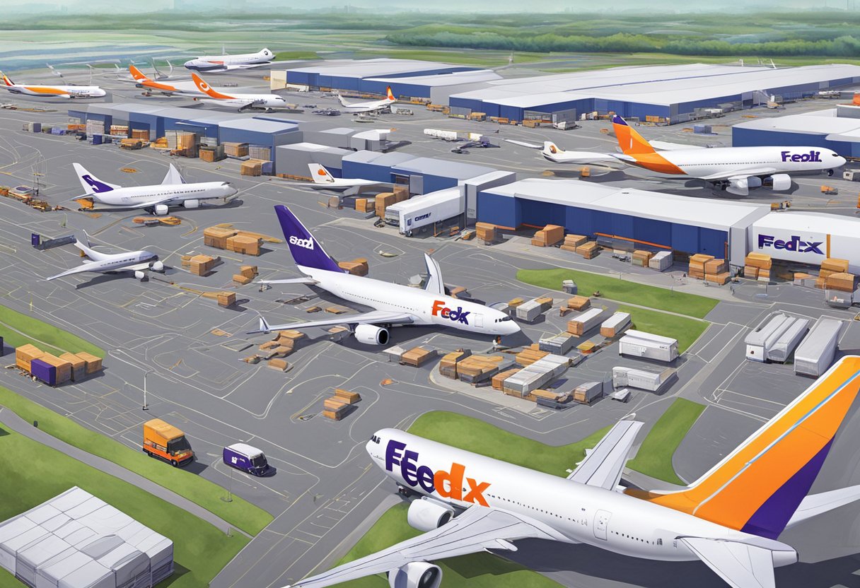 FedEx trucks and airplanes at a bustling Singapore logistics center