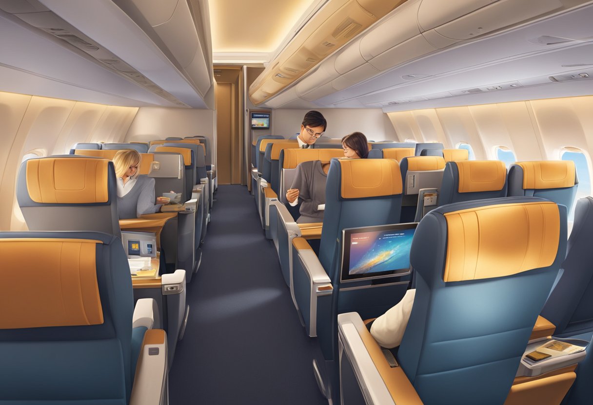 Passengers reading FAQs on Singapore Airlines premium economy. Seats, tray tables, and screens visible. Airline branding present