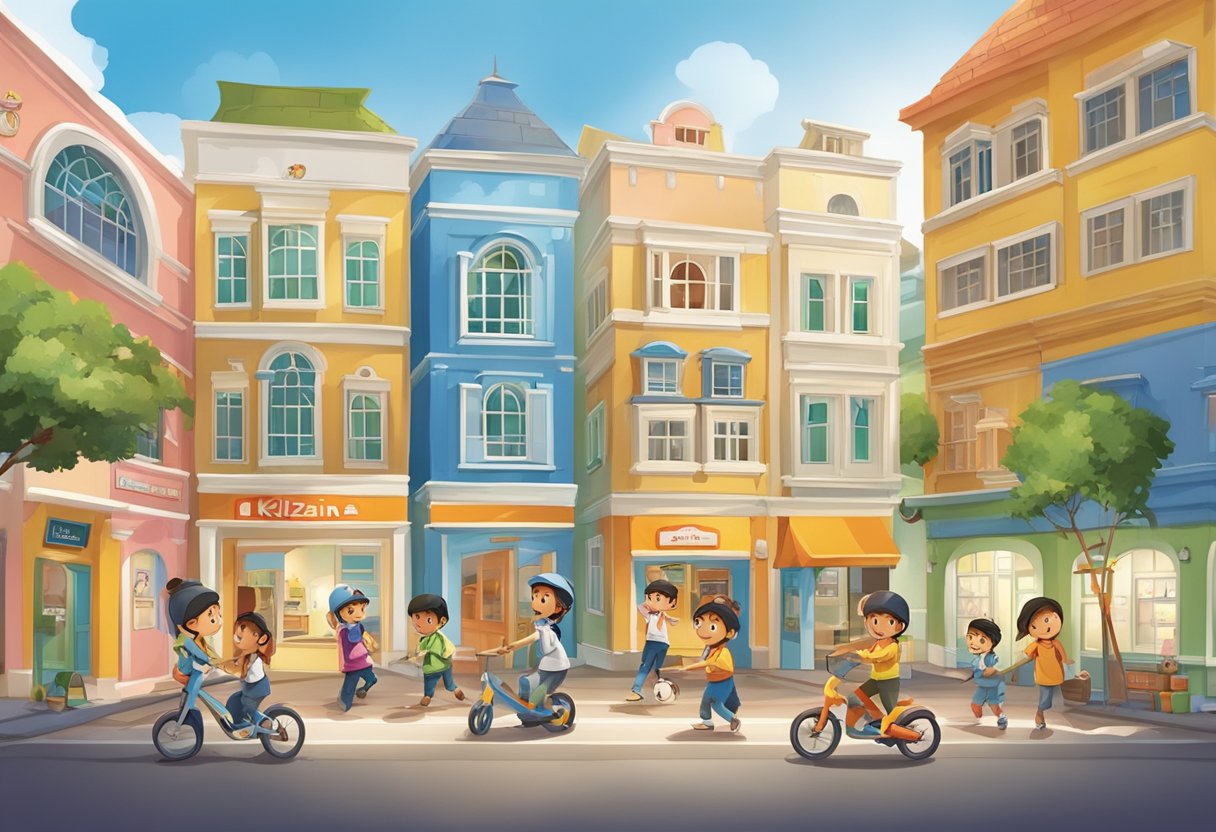 Children playing in various role-play activities at KidZania Singapore, with colorful buildings and props in the background