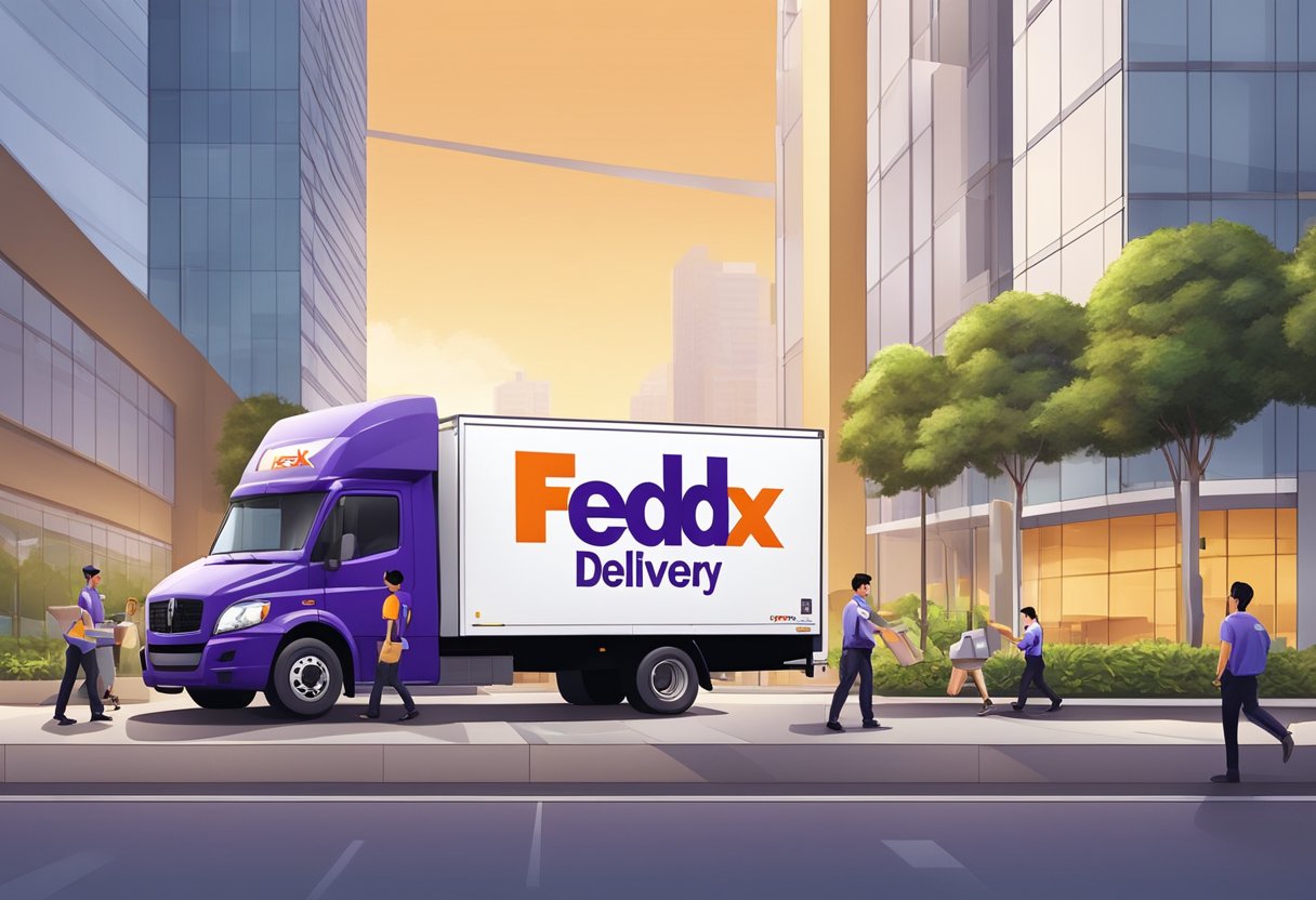 A FedEx delivery truck parked outside a modern office building in Singapore, with employees loading and unloading packages