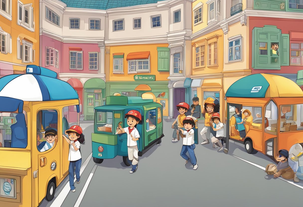 Children role-playing in various professions at Kidzania Singapore. Brightly colored buildings and interactive activities fill the space