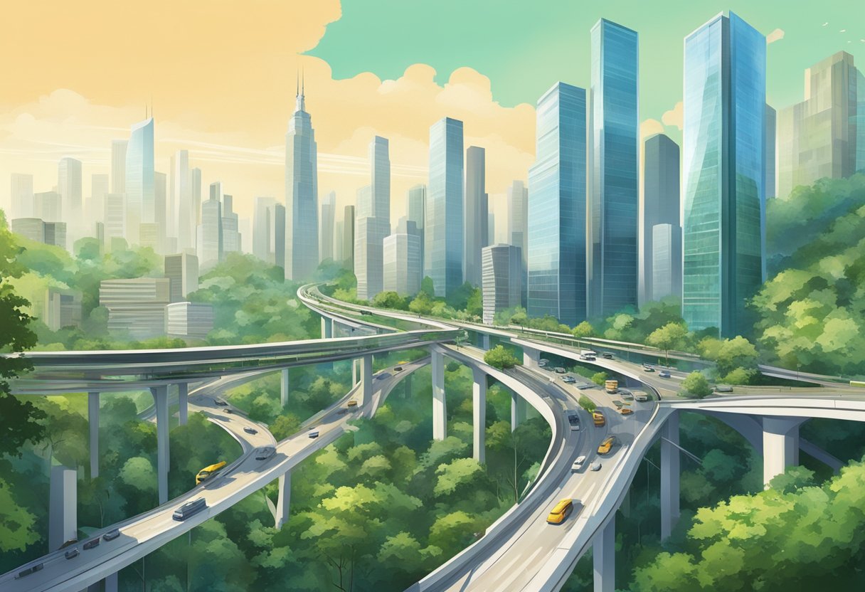 A bustling cityscape with modern skyscrapers, lush greenery, and a network of elevated highways weaving through the urban landscape