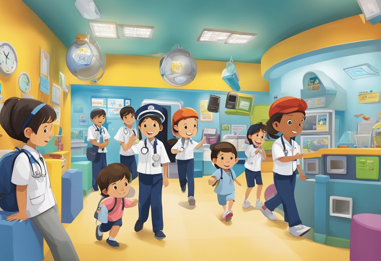Children role-playing in various job settings, from pilot to doctor, at KidZania Singapore, surrounded by colorful, interactive exhibits