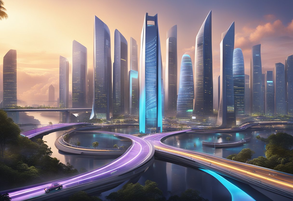 A futuristic cityscape with glowing skyscrapers, sleek architecture, and advanced transportation systems. The streets are alive with energy, showcasing the cutting-edge technology and innovation of SWITCH 2023 in Singapore