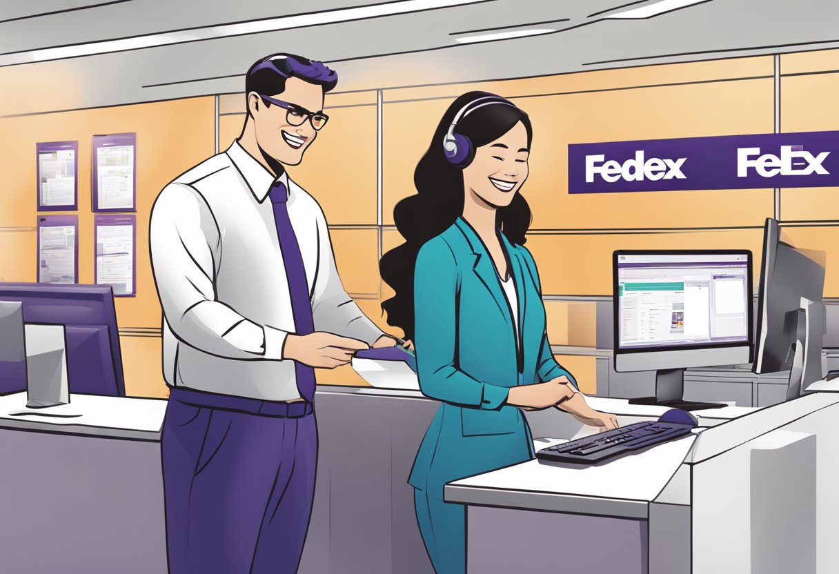 A bright, modern office setting with a customer service representative assisting a customer with a smile. FedEx branding and signage is prominently displayed