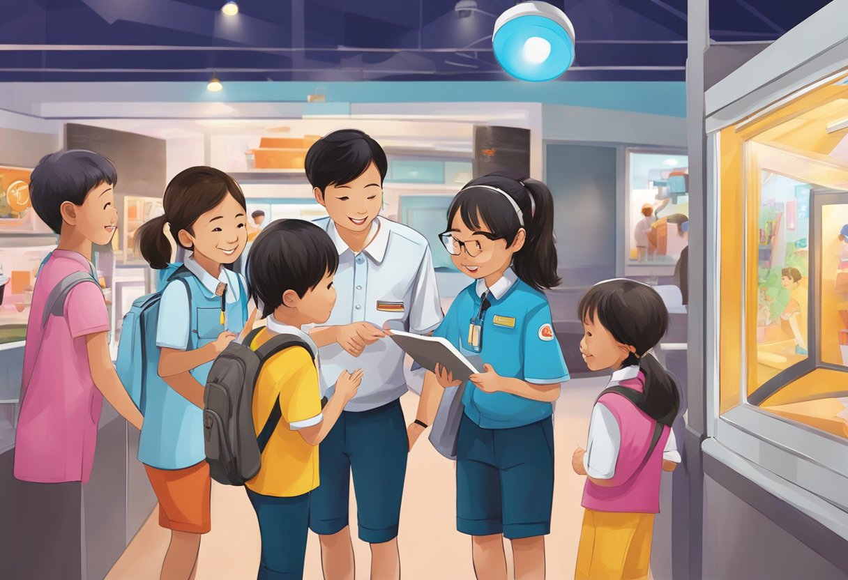 Children exploring interactive exhibits at KidZania Singapore, with staff assisting and answering questions