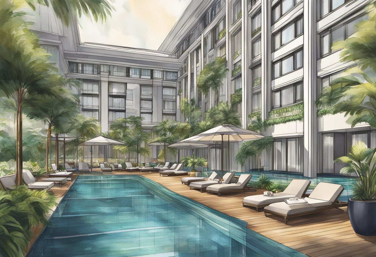 The Hotel Miramar Singapore stands tall and elegant, with its modern architecture and sleek design. The building is surrounded by lush greenery and a sparkling pool, creating a serene and luxurious atmosphere