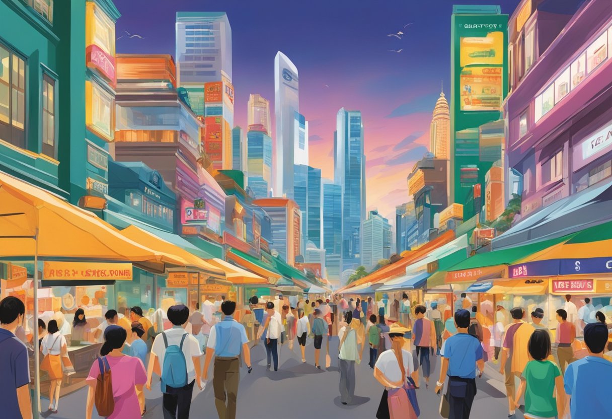 The bustling streets of Singapore showcase vibrant signs advertising "great deals" on electronics, fashion, and more. The city's skyline provides a stunning backdrop to the lively shopping scene