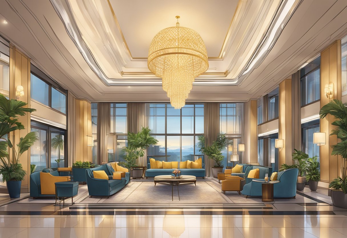 The hotel lobby at Hotel Miramar Singapore exudes luxury with plush seating, elegant decor, and soft ambient lighting