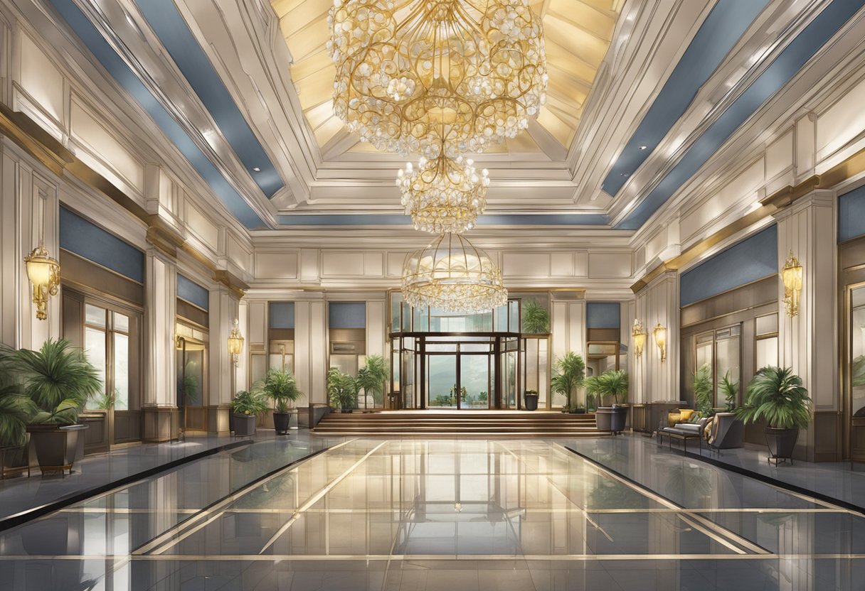 The grand entrance of Hotel Grand Pacific Singapore, with a majestic lobby and a chandelier hanging from the ceiling