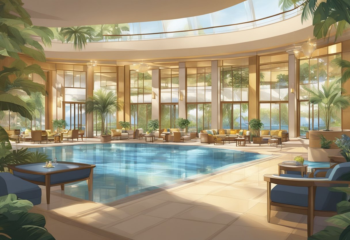 The hotel lobby bustles with guests checking in, while the pool glistens in the sunlight. The spa offers a serene retreat, and the restaurant entices with delicious aromas