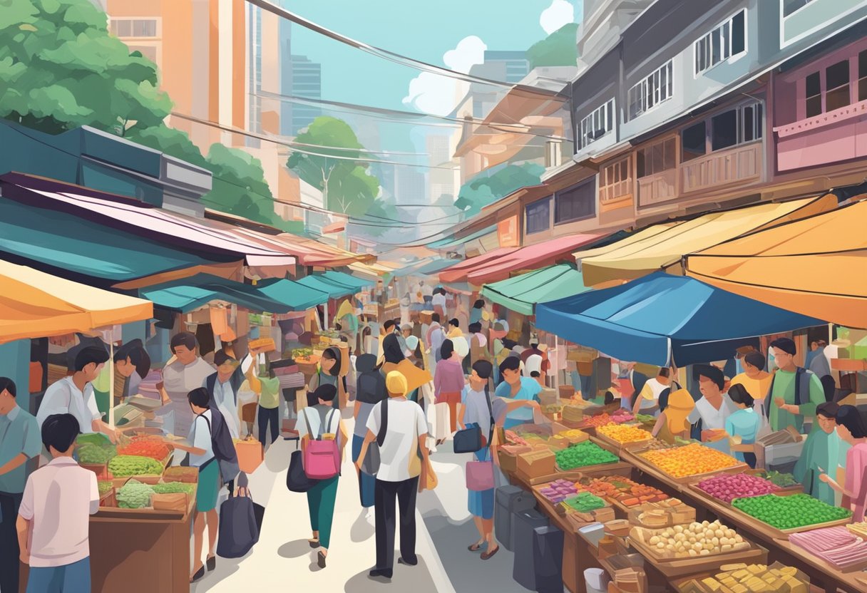 A bustling Singapore market with colorful signs and crowded stalls, showcasing a variety of products at discounted prices