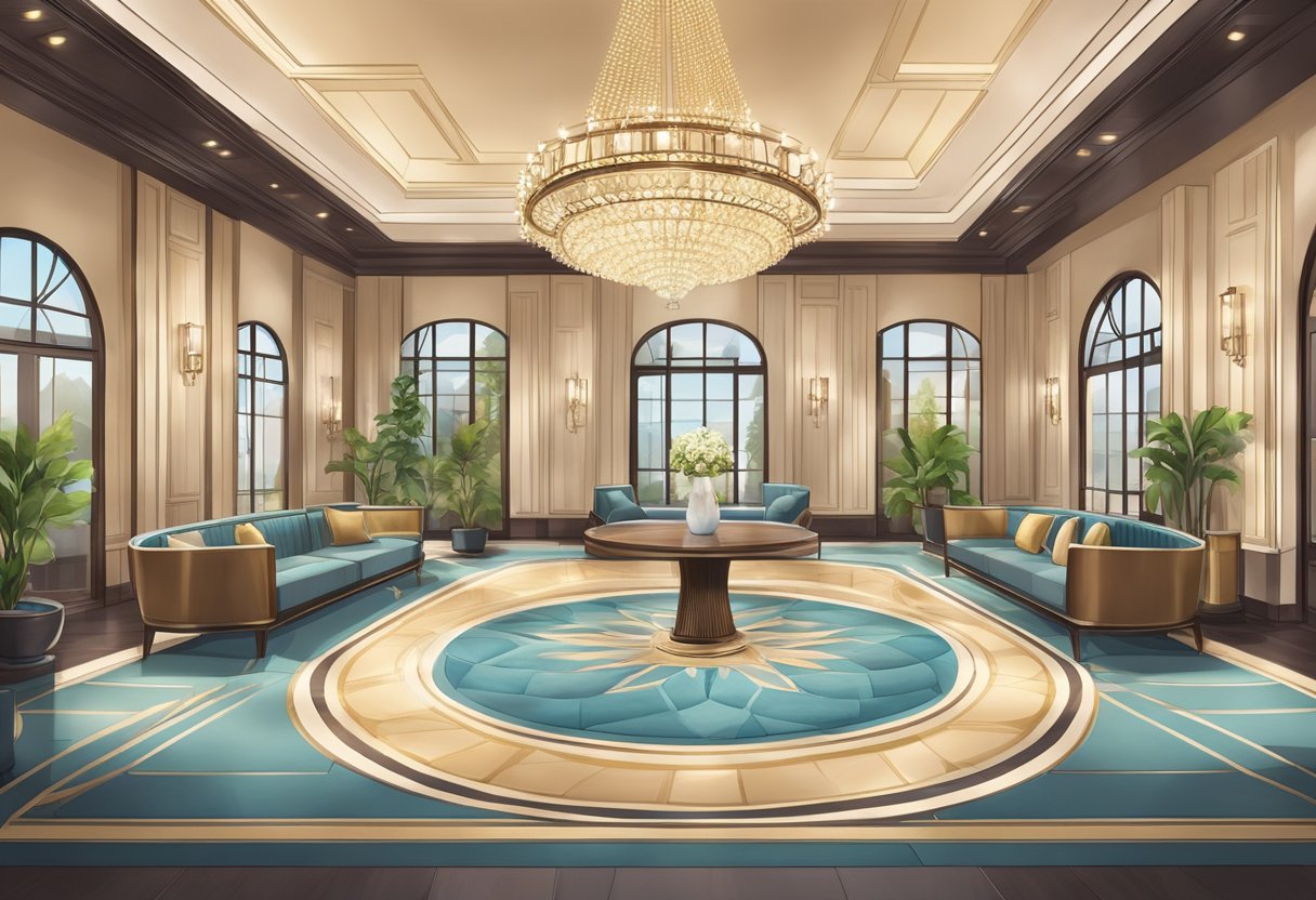 A luxurious hotel lobby with a grand chandelier, plush seating, and a concierge desk. A spa and fitness center are visible in the background