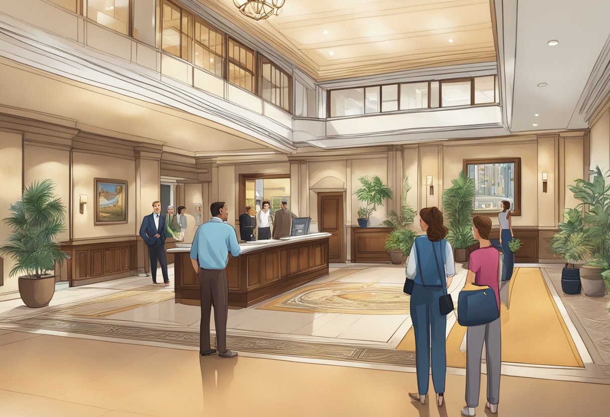 The hotel lobby bustles with guests seeking information, a sign reading "Frequently Asked Questions" stands prominently near the concierge desk