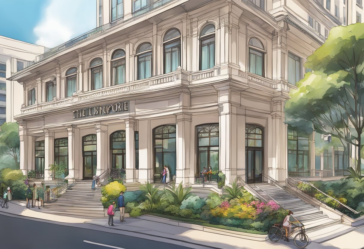 The hotel's exterior features a grand entrance with a large sign for "The Lily Singapore." Surrounding the building are local attractions and dining venues, creating a vibrant and inviting atmosphere