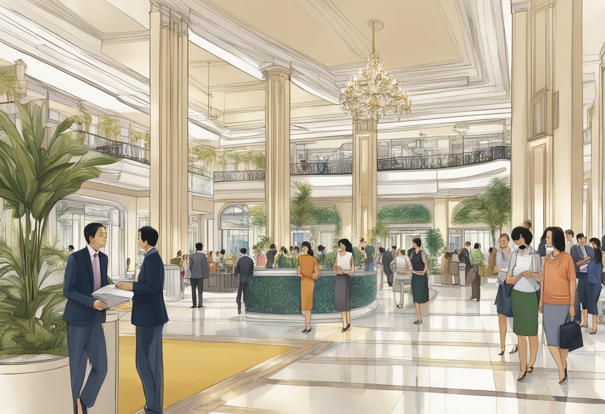 The grand hotel lobby bustles with guests seeking information at the "Frequently Asked Questions" venue in Singapore's iconic The Lily hotel