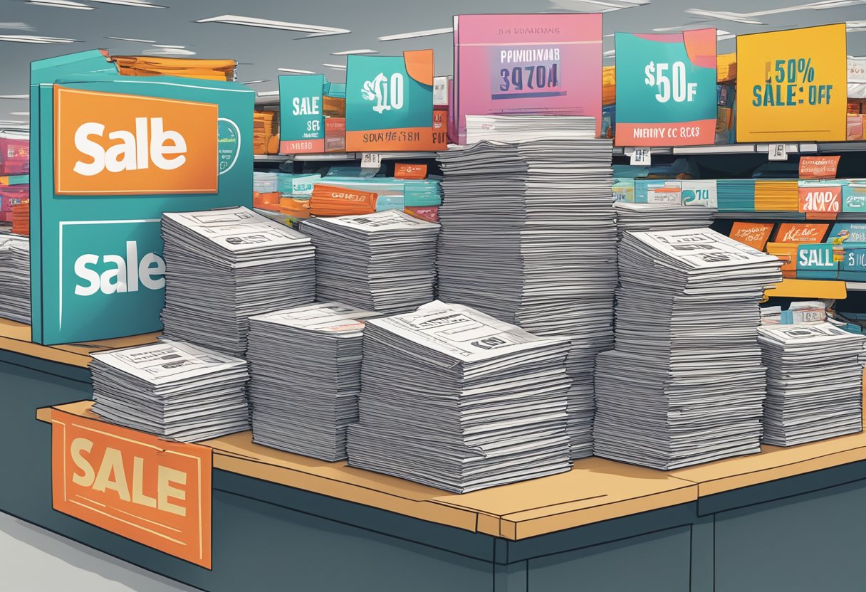 A stack of discount flyers and coupons arranged next to a pile of marked-down merchandise, with a large "SALE" sign overhead