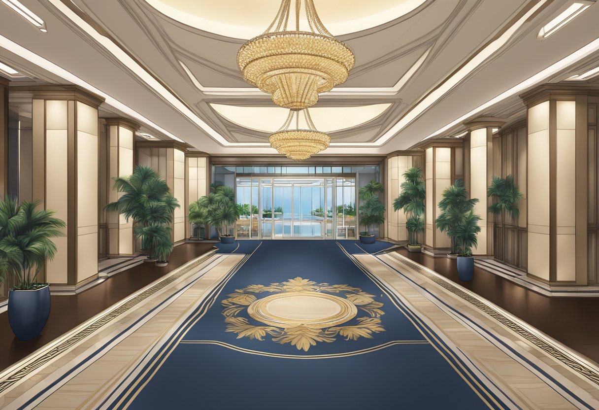 The Hotel Grand Pacific Singapore features a grand entrance with a towering lobby adorned with luxurious furnishings and a stunning chandelier