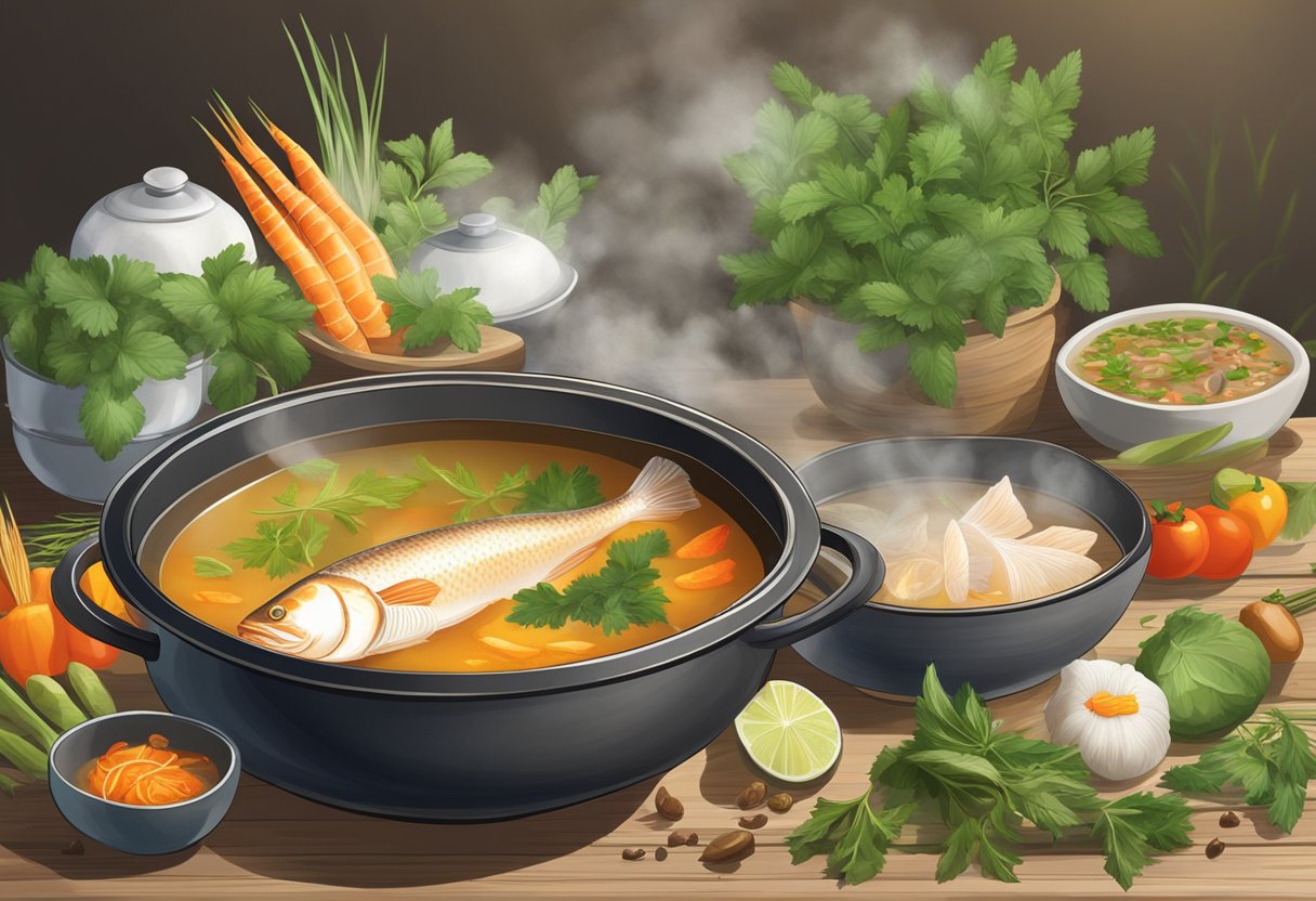 A steaming pot of Yu Pan fish soup sits on a rustic wooden table, surrounded by fresh herbs and ingredients. The fragrant steam rises from the soup, creating a cozy and inviting atmosphere