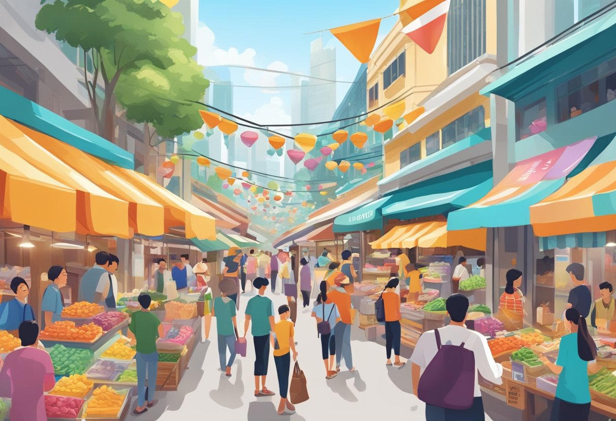 A bustling marketplace with colorful signs and excited customers browsing through various products in Singapore